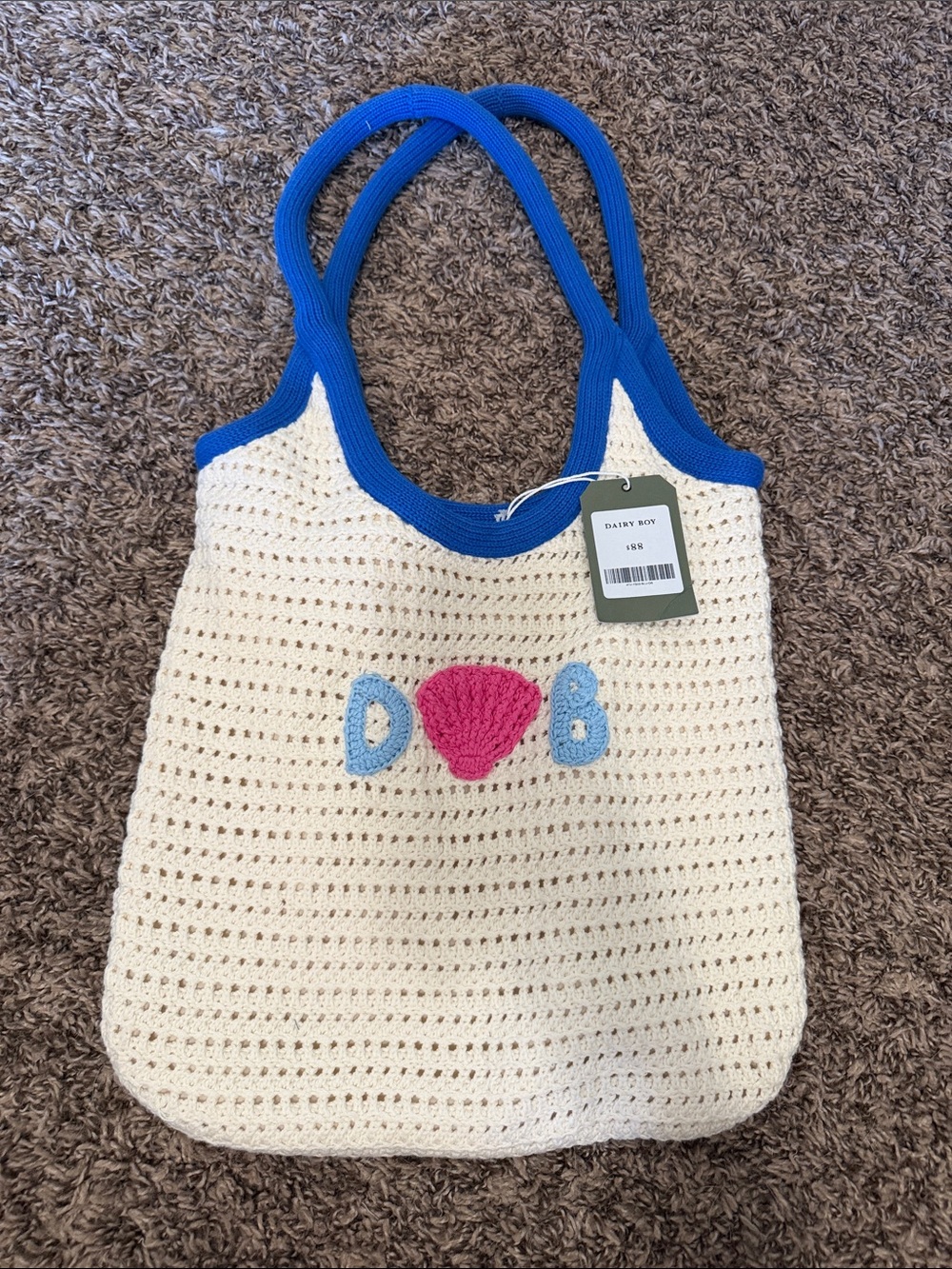 Dairy Boy Cream Crochet Tote with Blue Trim